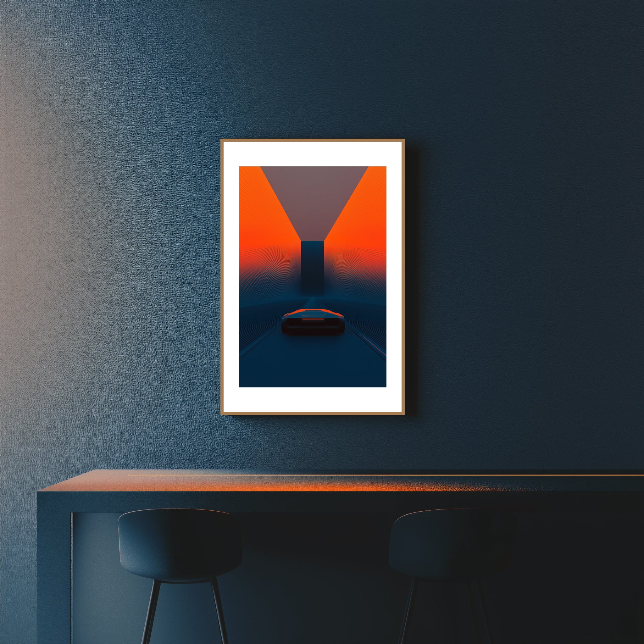 Mockup of Fractured electric blue and orange neon hues pulse through a chaotic Hyperlane, with twisting walls and shifting synthetic light, symbolizing a fluid and rebellious future in constant flux.