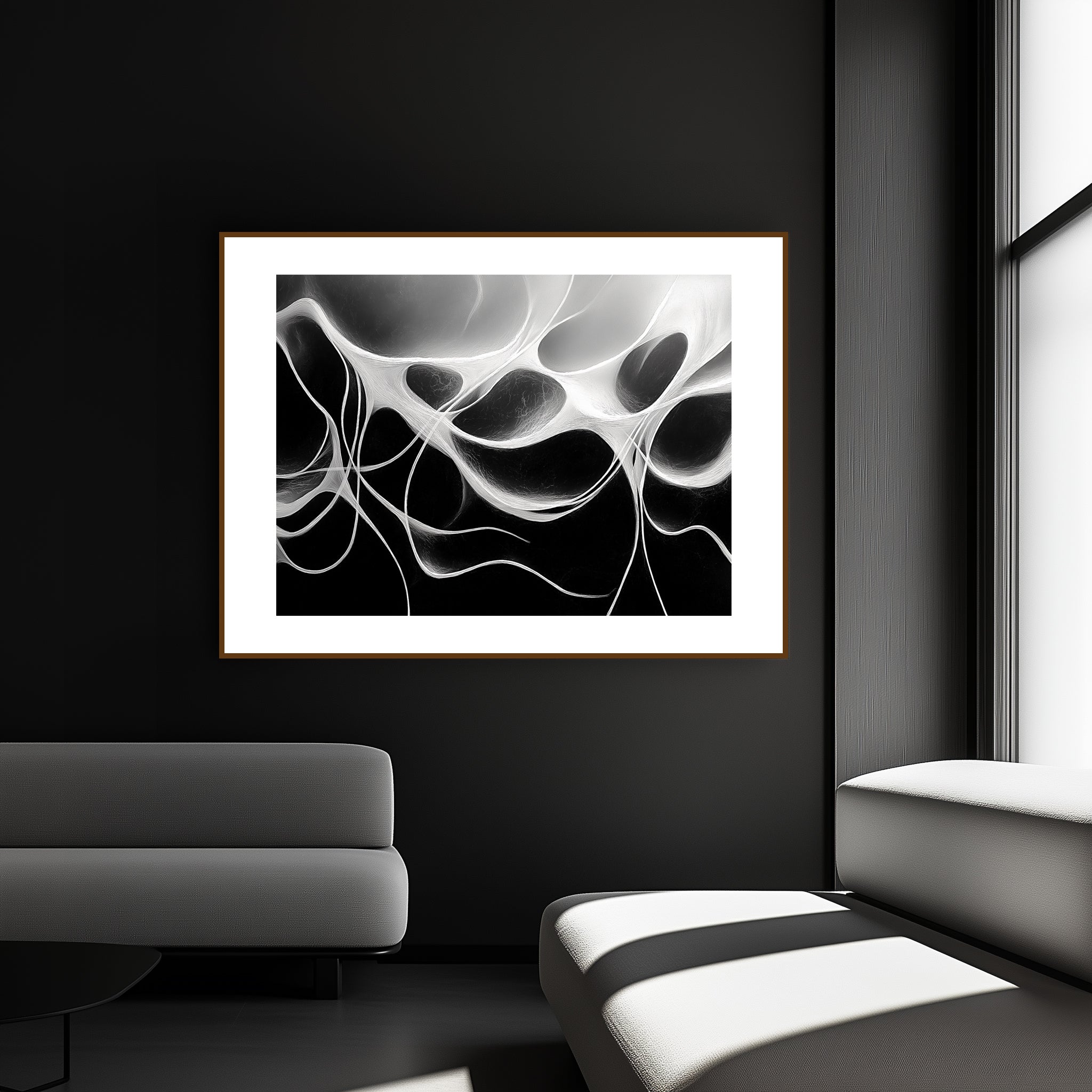 Mockup of Intricate, suspended lines twisted and fractured, crossing over each other and leading into emptiness, symbolizing the fragility and beauty of absence and chaos.