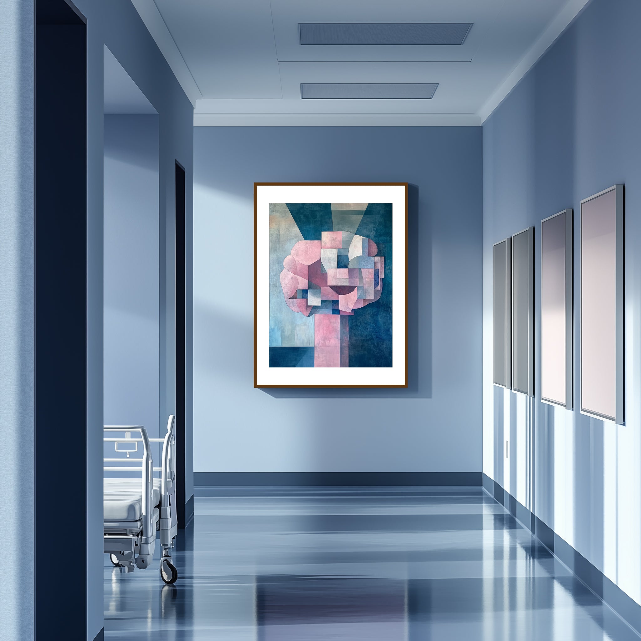 Mockup of Interwoven geometric shapes in soft pinks, blues, and whites represent neural connectivity, symbolizing the rhythms of thought and memory in an abstract, ethereal composition.