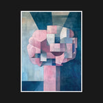 Interwoven geometric shapes in soft pinks, blues, and whites represent neural connectivity, symbolizing the rhythms of thought and memory in an abstract, ethereal composition.