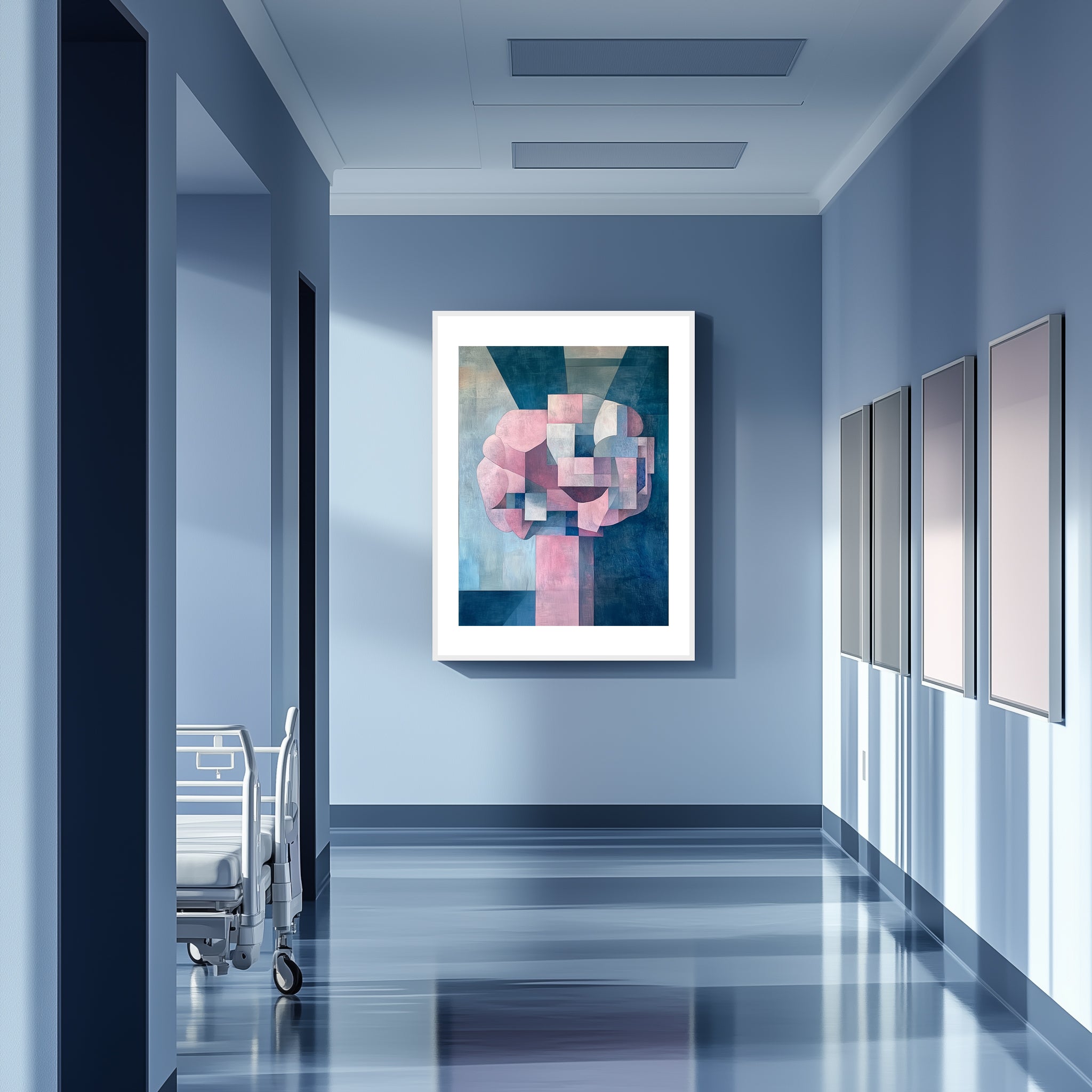 Mockup of Interwoven geometric shapes in soft pinks, blues, and whites represent neural connectivity, symbolizing the rhythms of thought and memory in an abstract, ethereal composition.