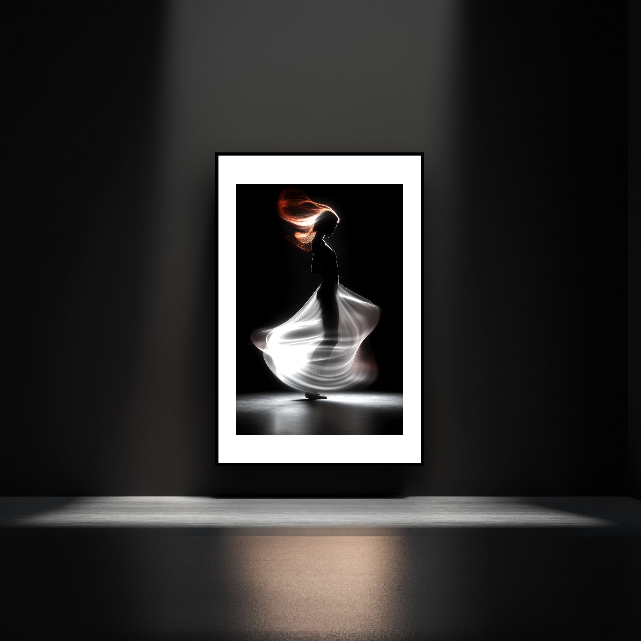 Mockup of a graceful silhouette rises under a play of light and shadow, capturing a fleeting, poetic moment of movement and mystery.