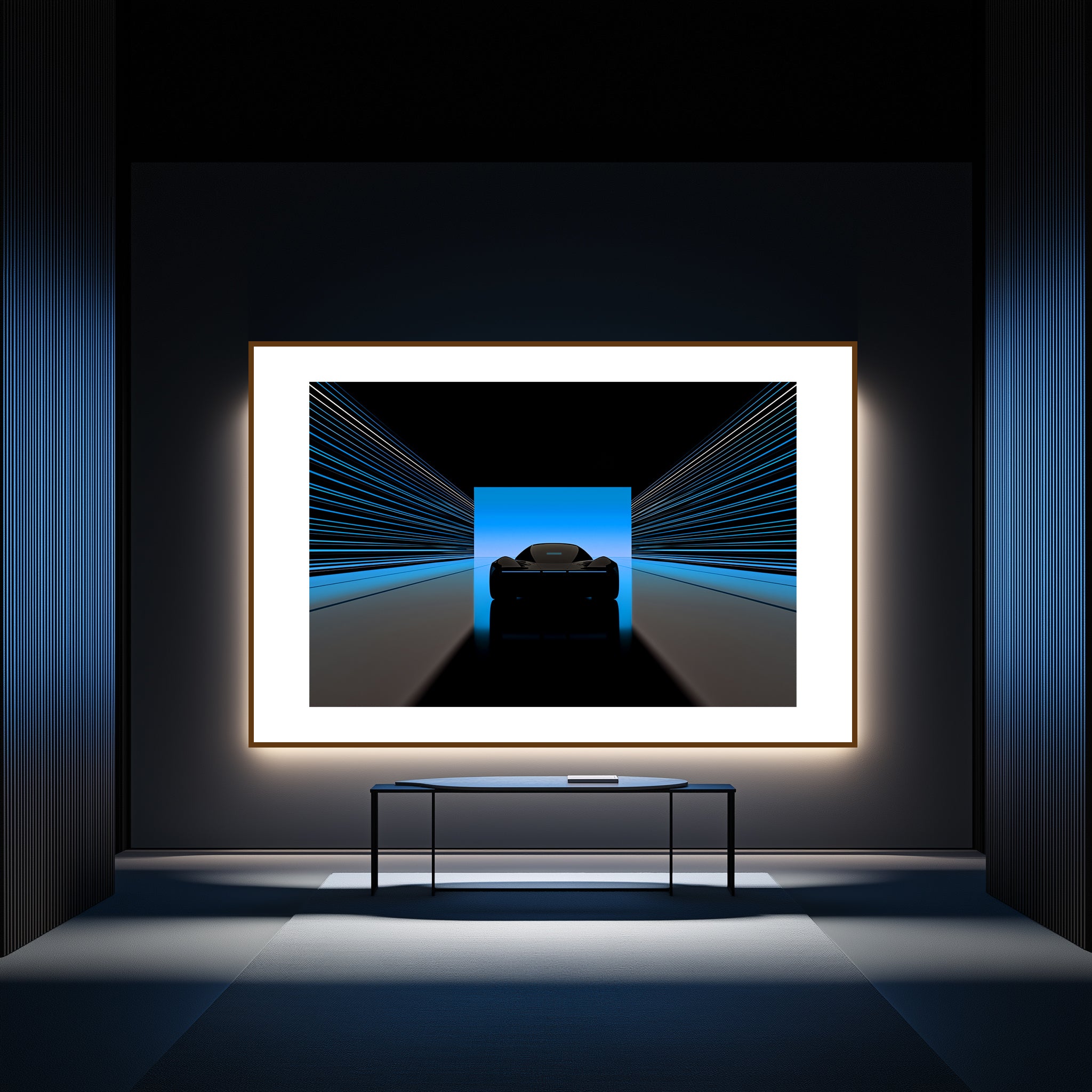 Mockup of an Electrically silent tunnel with streaked lines leading toward a horizon of Cerulean, symbolizing a crossing into clarity and serene rebellion, with a vibrant sky full of coded potential.