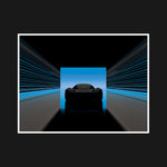 Electrically silent tunnel with streaked lines leading toward a horizon of Cerulean, symbolizing a crossing into clarity and serene rebellion, with a vibrant sky full of coded potential.