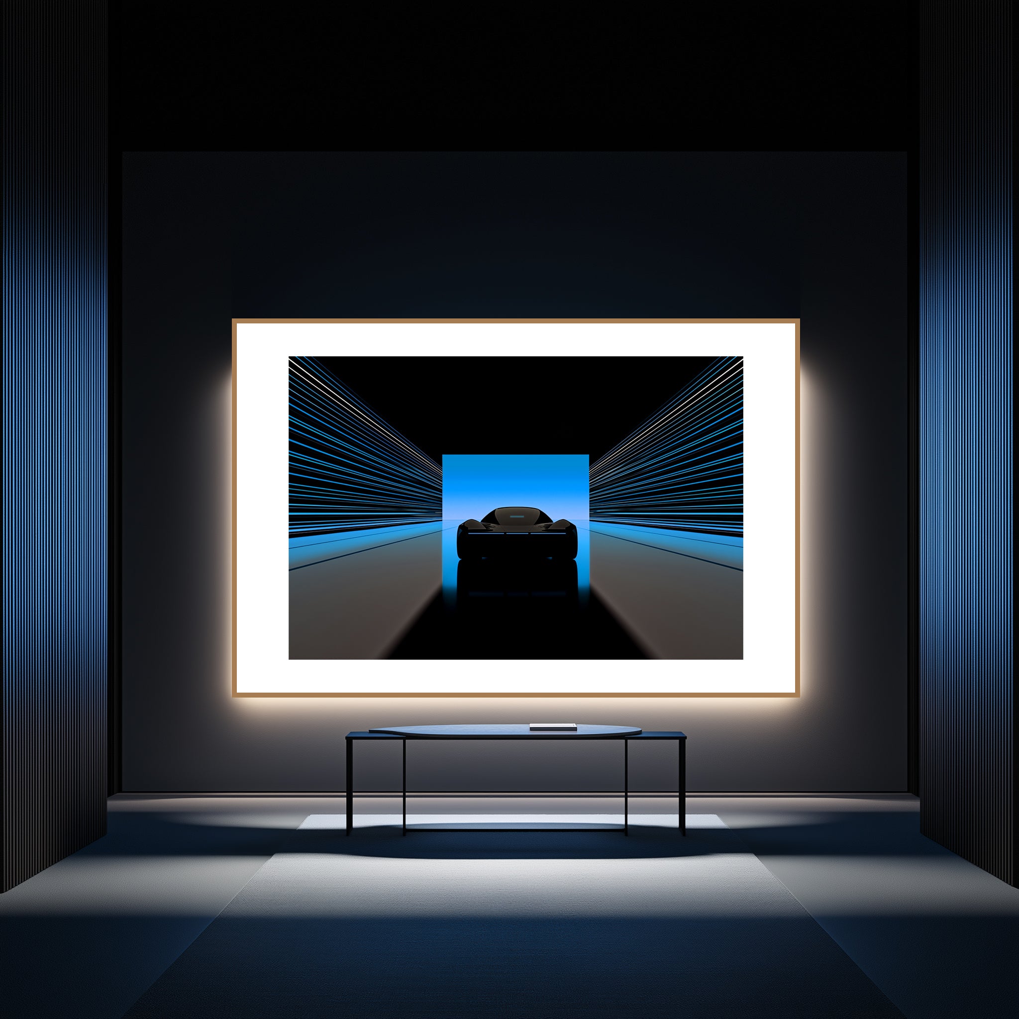 Mockup of an Electrically silent tunnel with streaked lines leading toward a horizon of Cerulean, symbolizing a crossing into clarity and serene rebellion, with a vibrant sky full of coded potential.