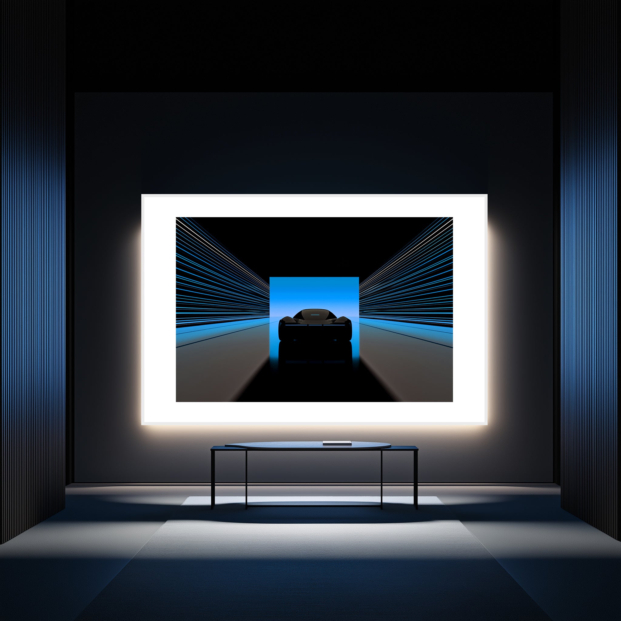 Mockup of an Electrically silent tunnel with streaked lines leading toward a horizon of Cerulean, symbolizing a crossing into clarity and serene rebellion, with a vibrant sky full of coded potential.