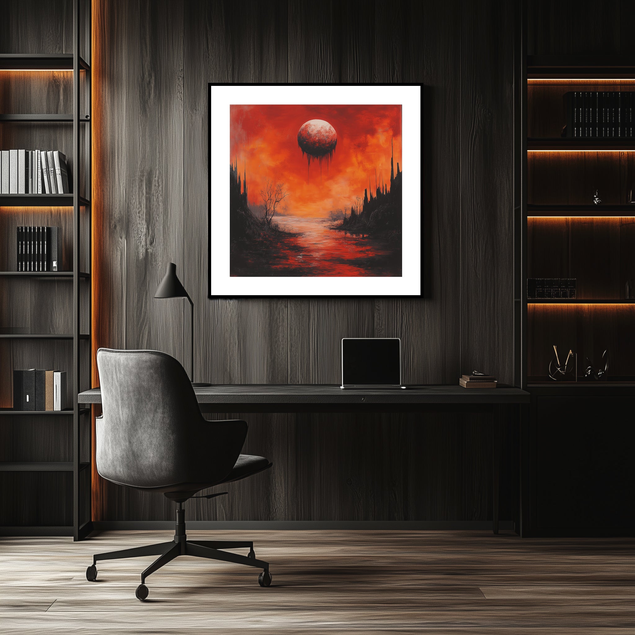 Mockup of Blood-red sky casts an eerie pall over a barren, cracked land with dead branches reaching toward a void, symbolizing inevitable truth and the quiet certainty of decay.