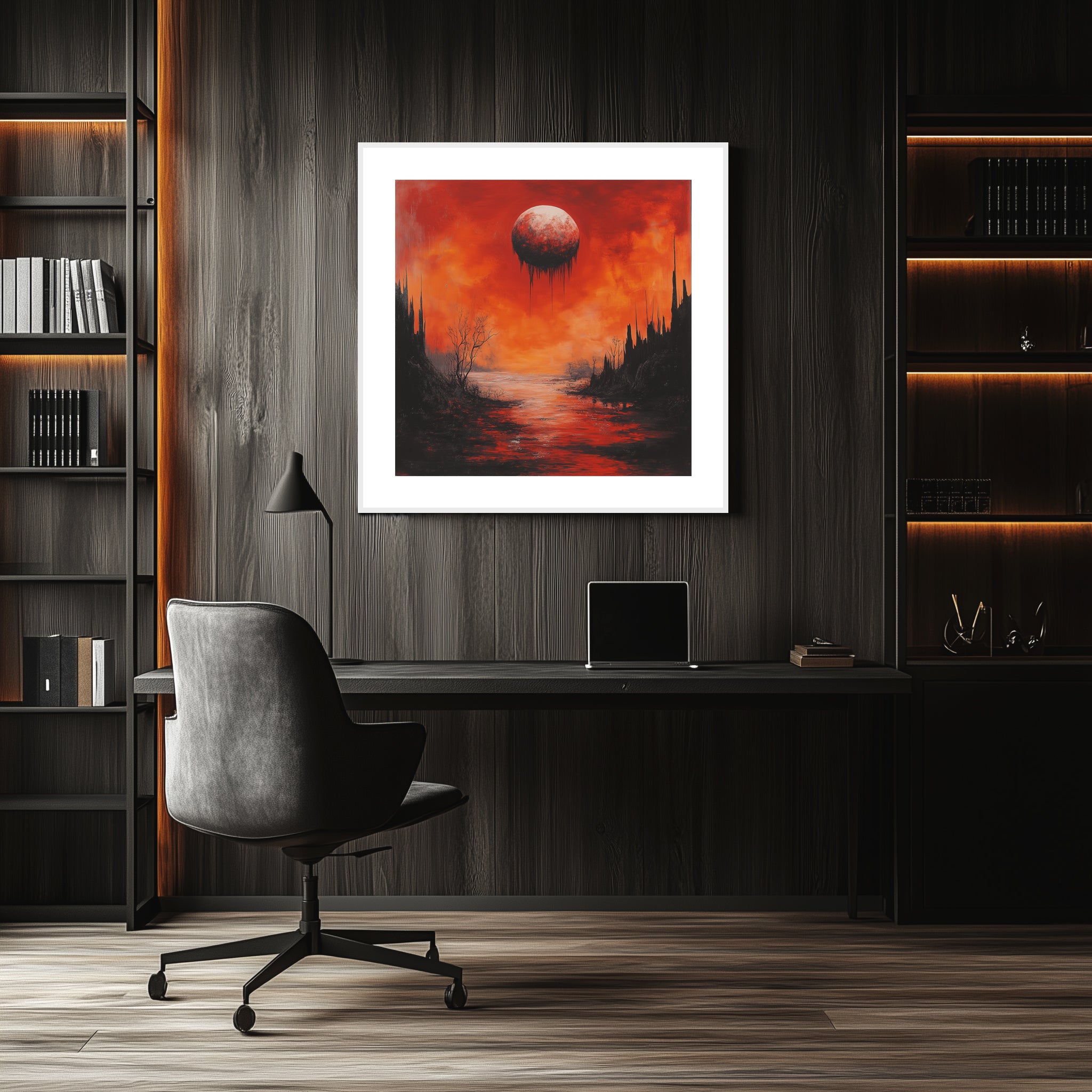 Mockup of Blood-red sky casts an eerie pall over a barren, cracked land with dead branches reaching toward a void, symbolizing inevitable truth and the quiet certainty of decay.