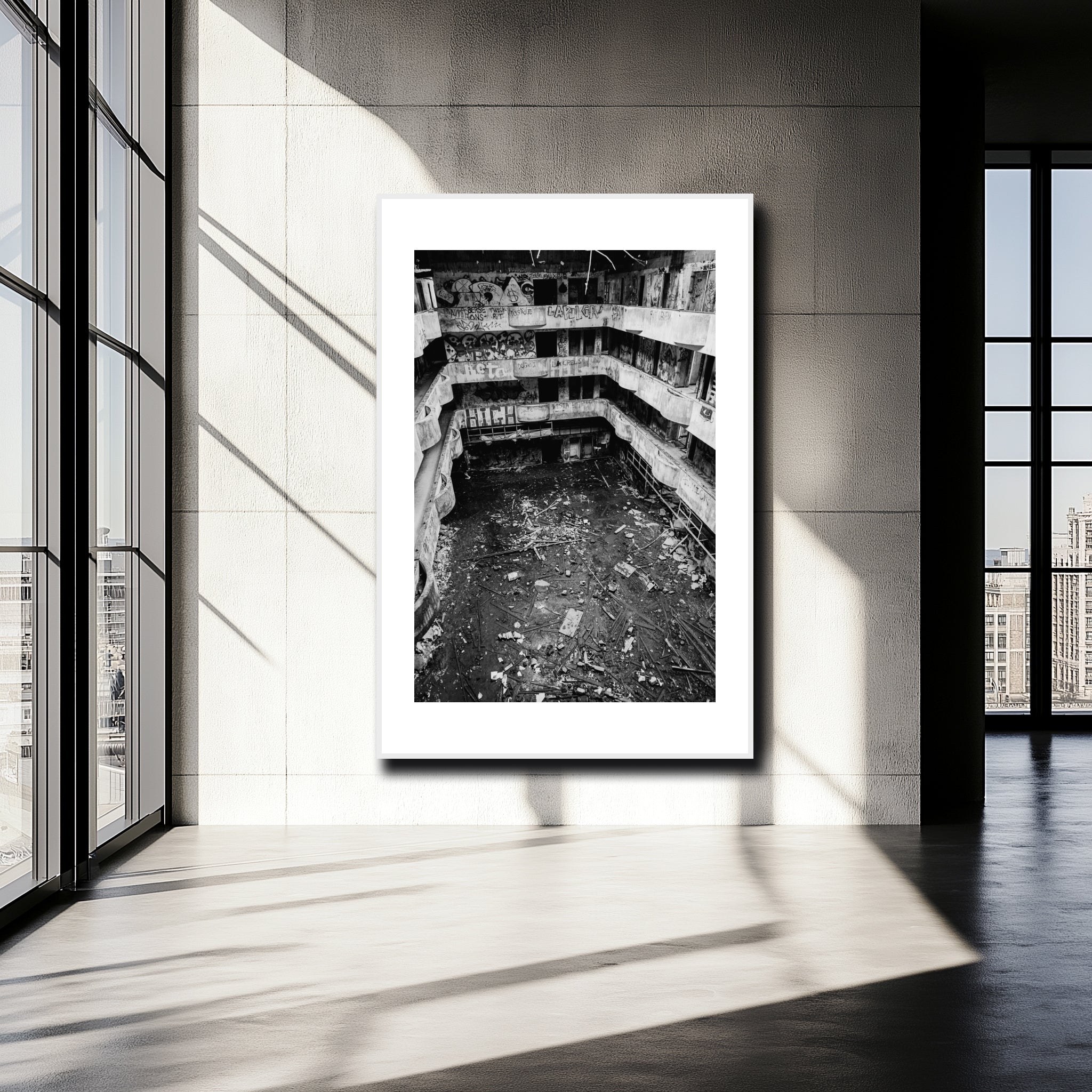 Mockup of the crumbling interior of an abandoned hotel, with graffiti-covered walls and fractured surfaces, showcasing urban decay and raw desolation.
