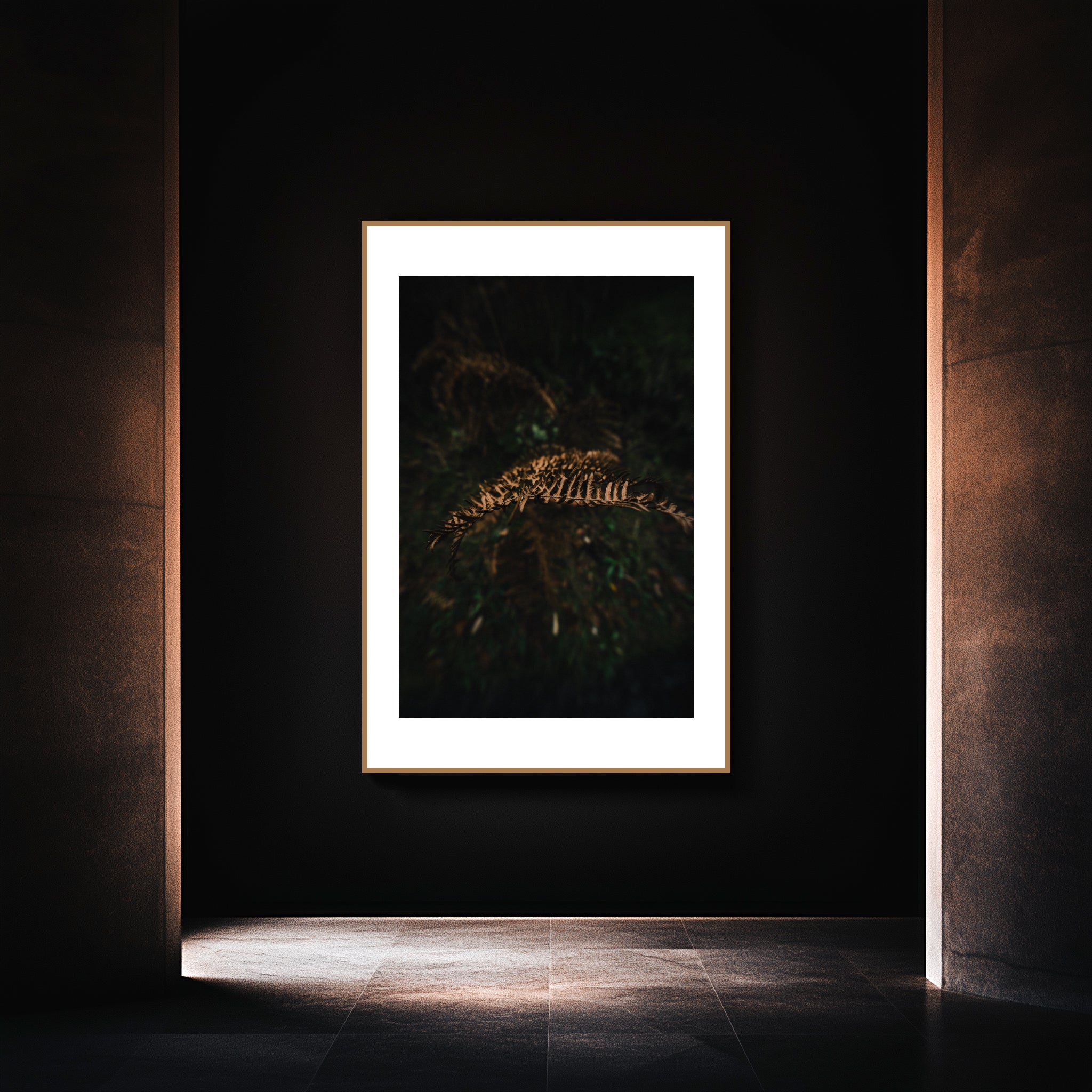 Mockup of a lone fern frond wilts softly in muted tones, showcasing delicate details and the serene stillness of nature.