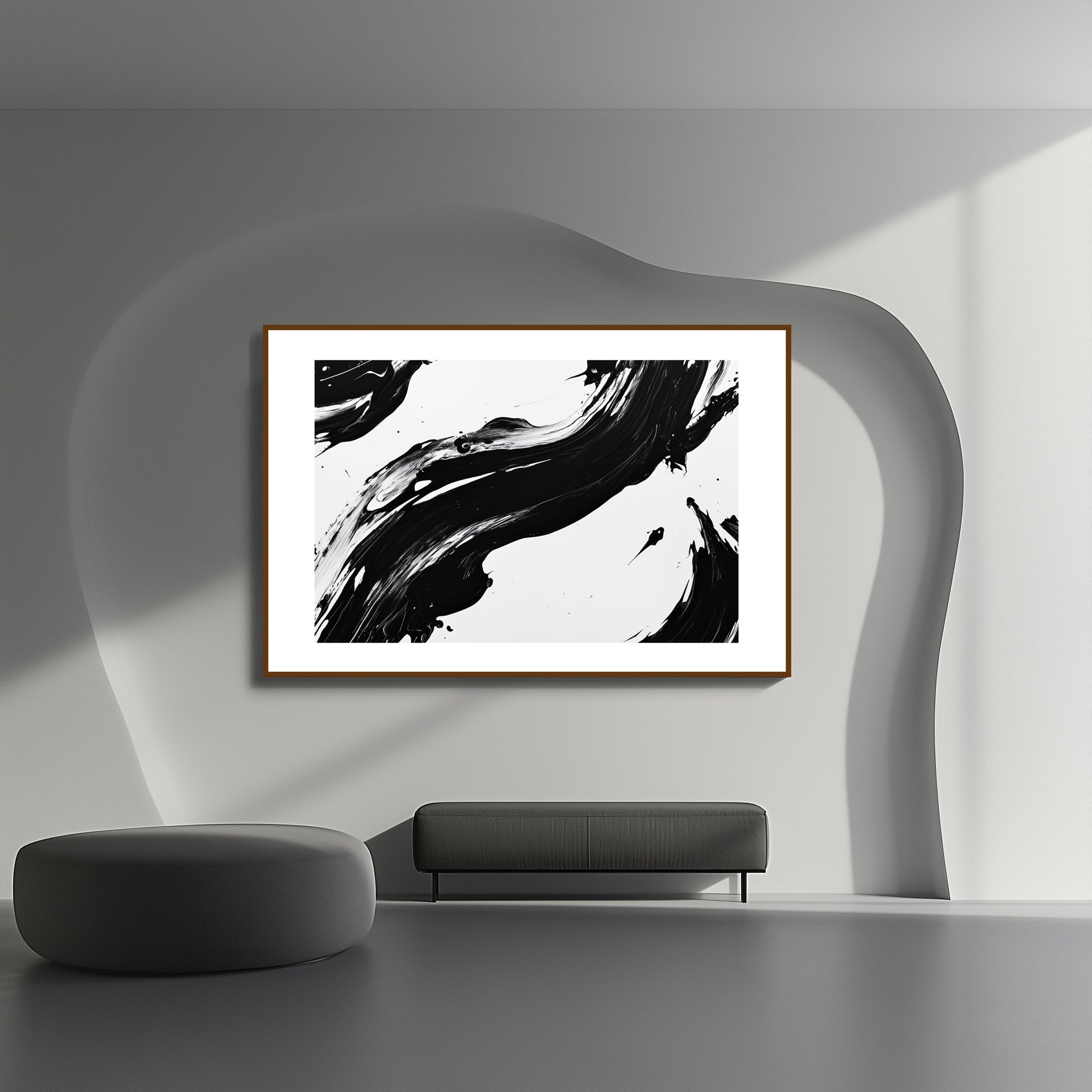 Mockup of Soft black and white lines merge and overlap, symbolizing the convergence of chaos and order, capturing a delicate balance and the rhythm of change in a minimalist composition.