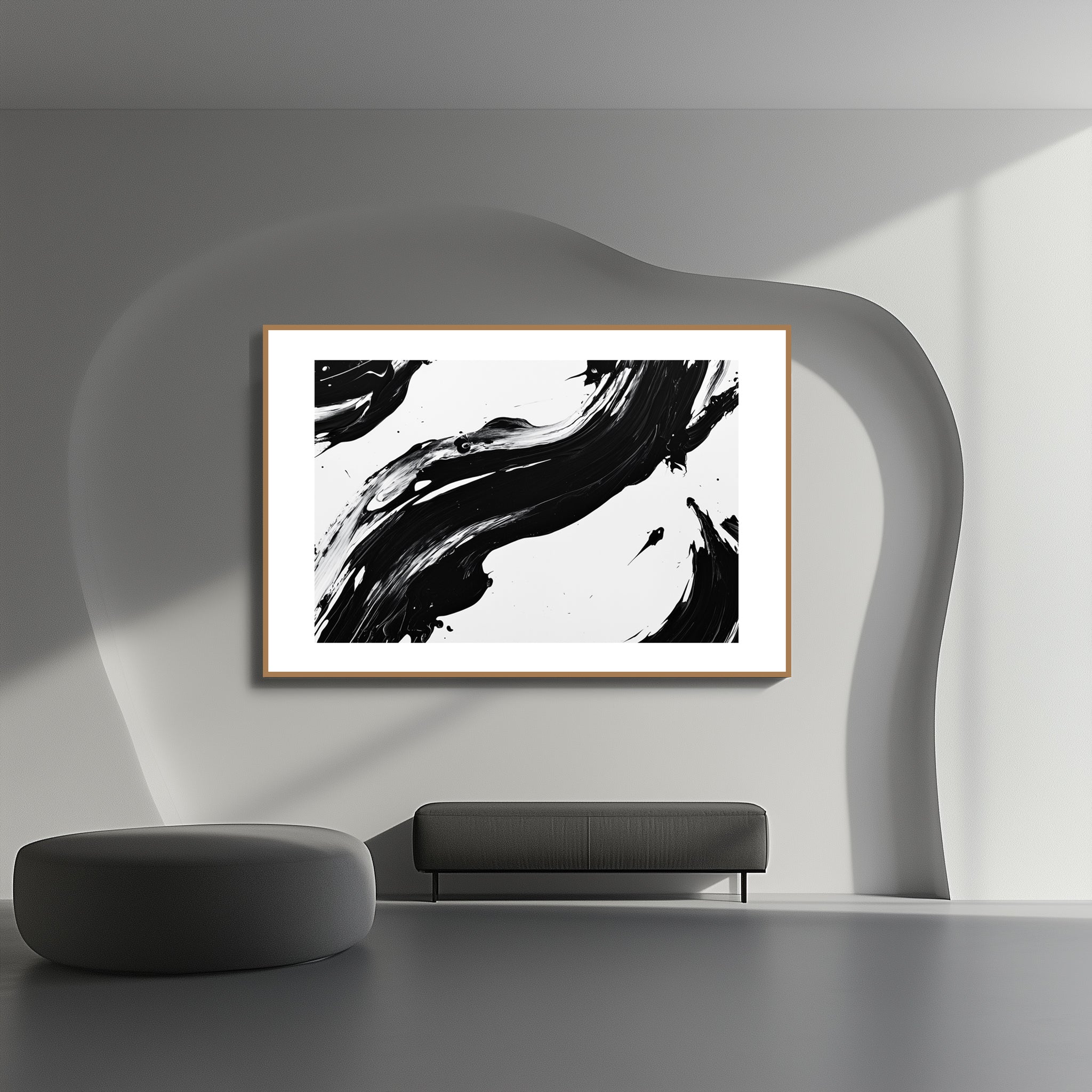Mockup of Soft black and white lines merge and overlap, symbolizing the convergence of chaos and order, capturing a delicate balance and the rhythm of change in a minimalist composition.