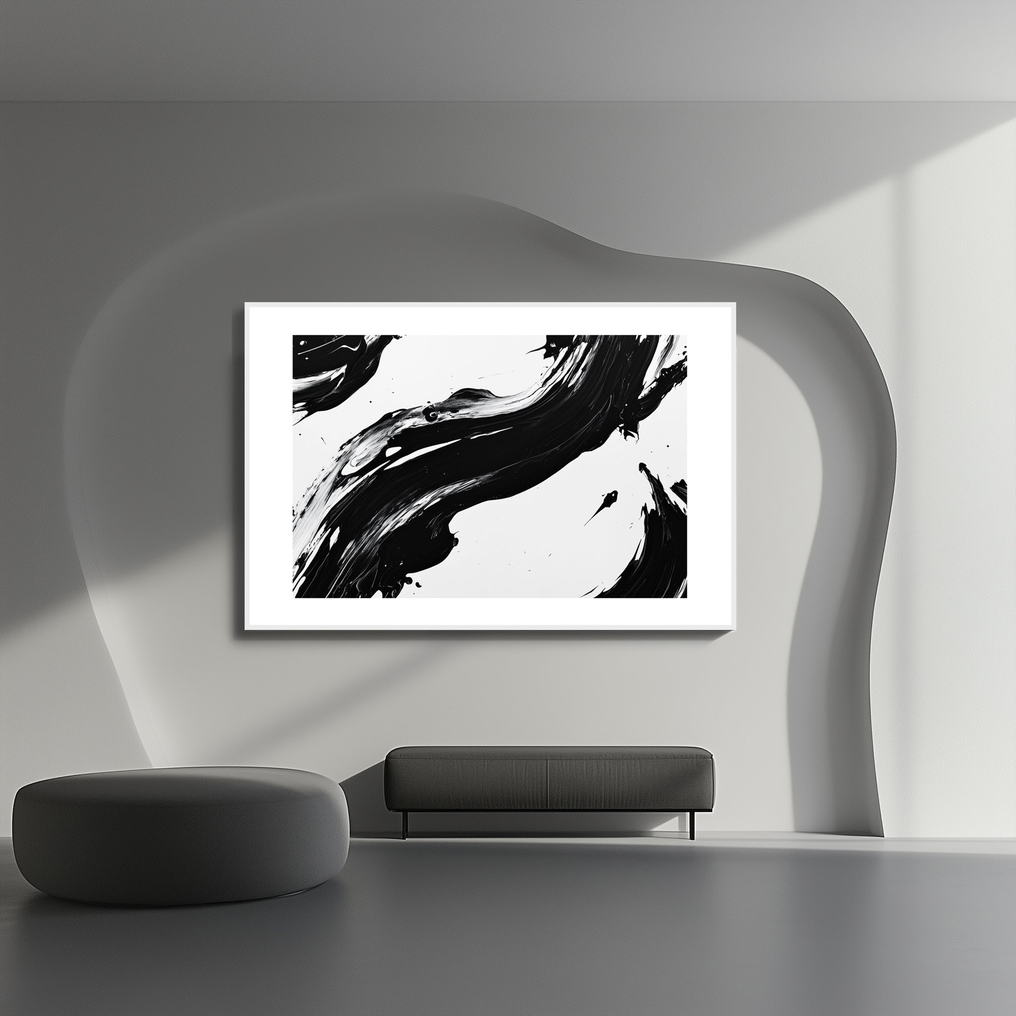Mockup of Soft black and white lines merge and overlap, symbolizing the convergence of chaos and order, capturing a delicate balance and the rhythm of change in a minimalist composition.