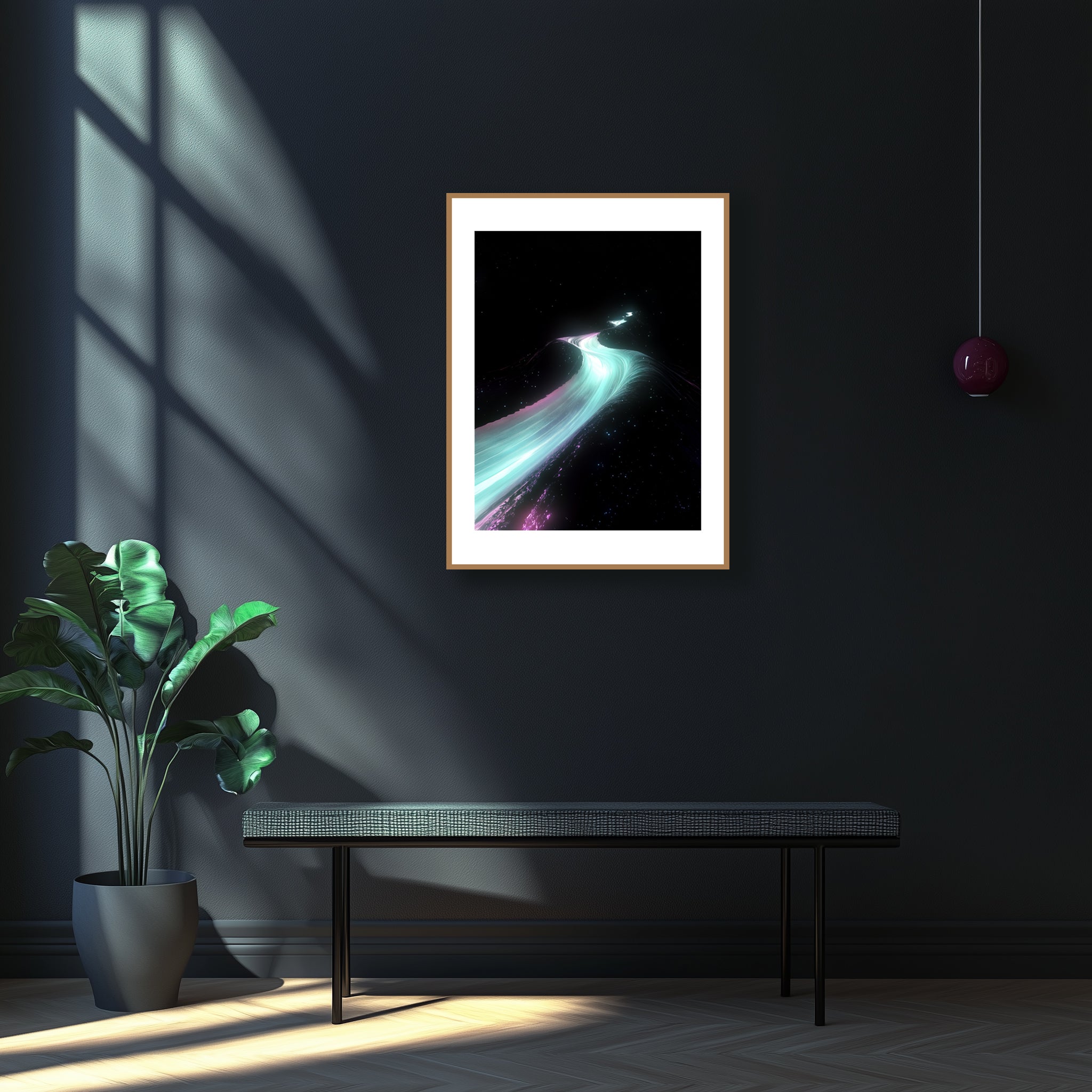 Mockup of a Teal and pink rift cutting through the cosmic black, humming with primal energy, symbolizing a celestial upheaval and a gateway to realms where time and space fold into the sublime.