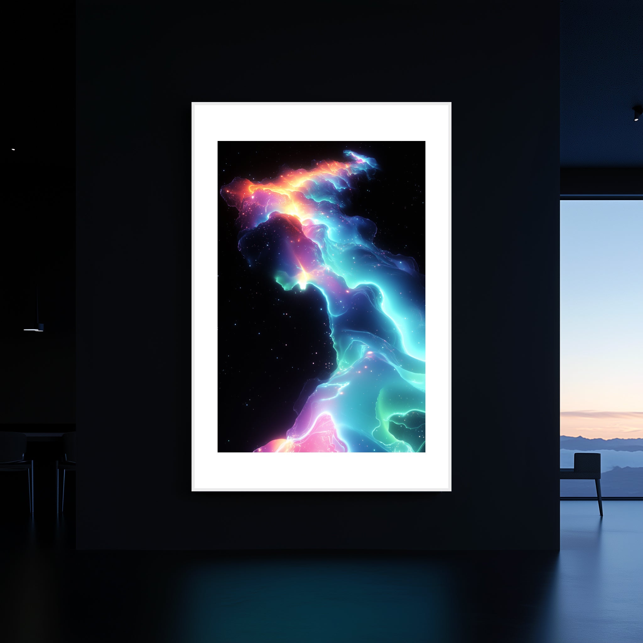 Mockup of Neon light streaks in hues of teal, pink, and white traverse a cosmic void, symbolizing the birth of stars in distant nebulae, capturing the beauty of cosmic chaos.