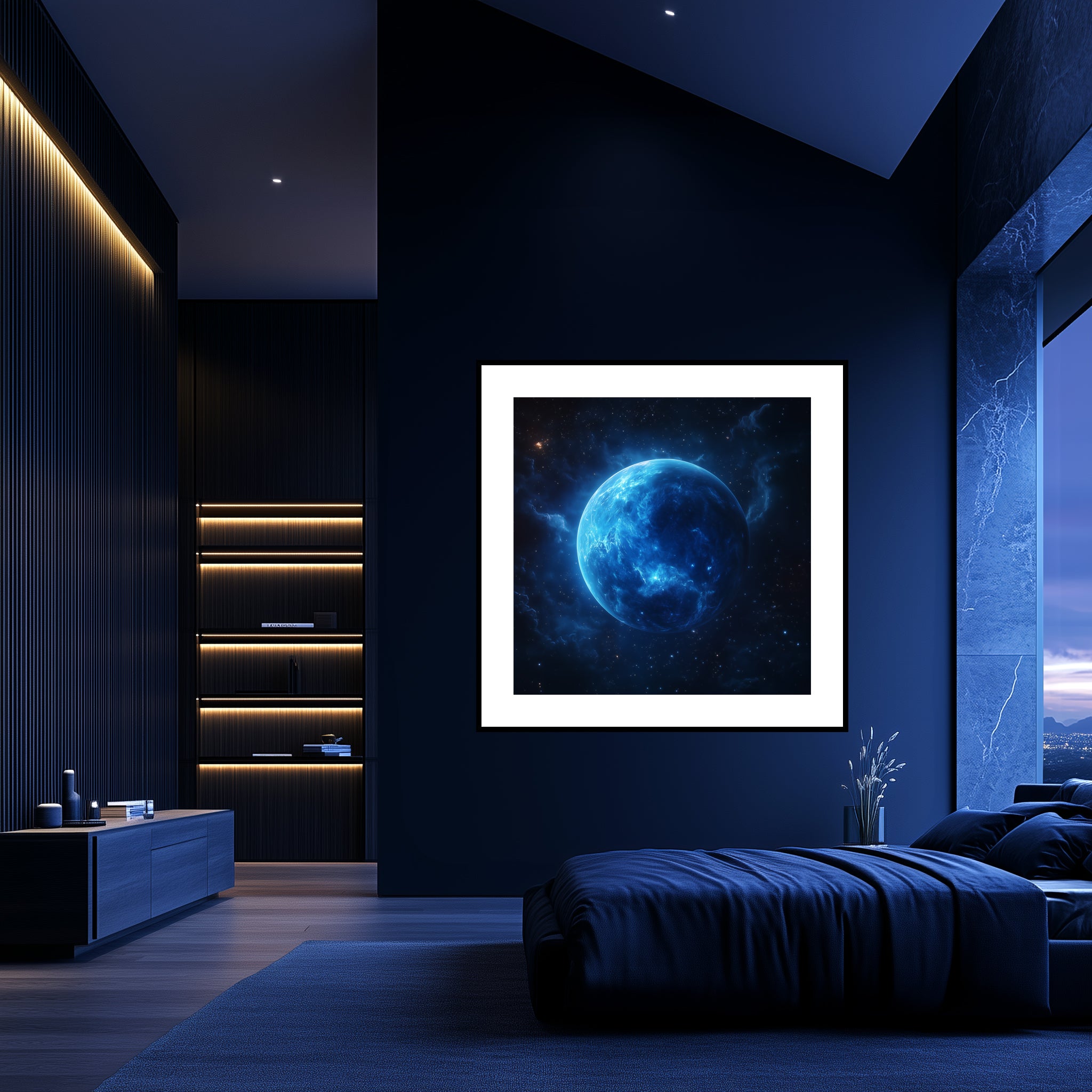 Mockup of Majestic planetary landscape with blue tones and a sense of infinite space.