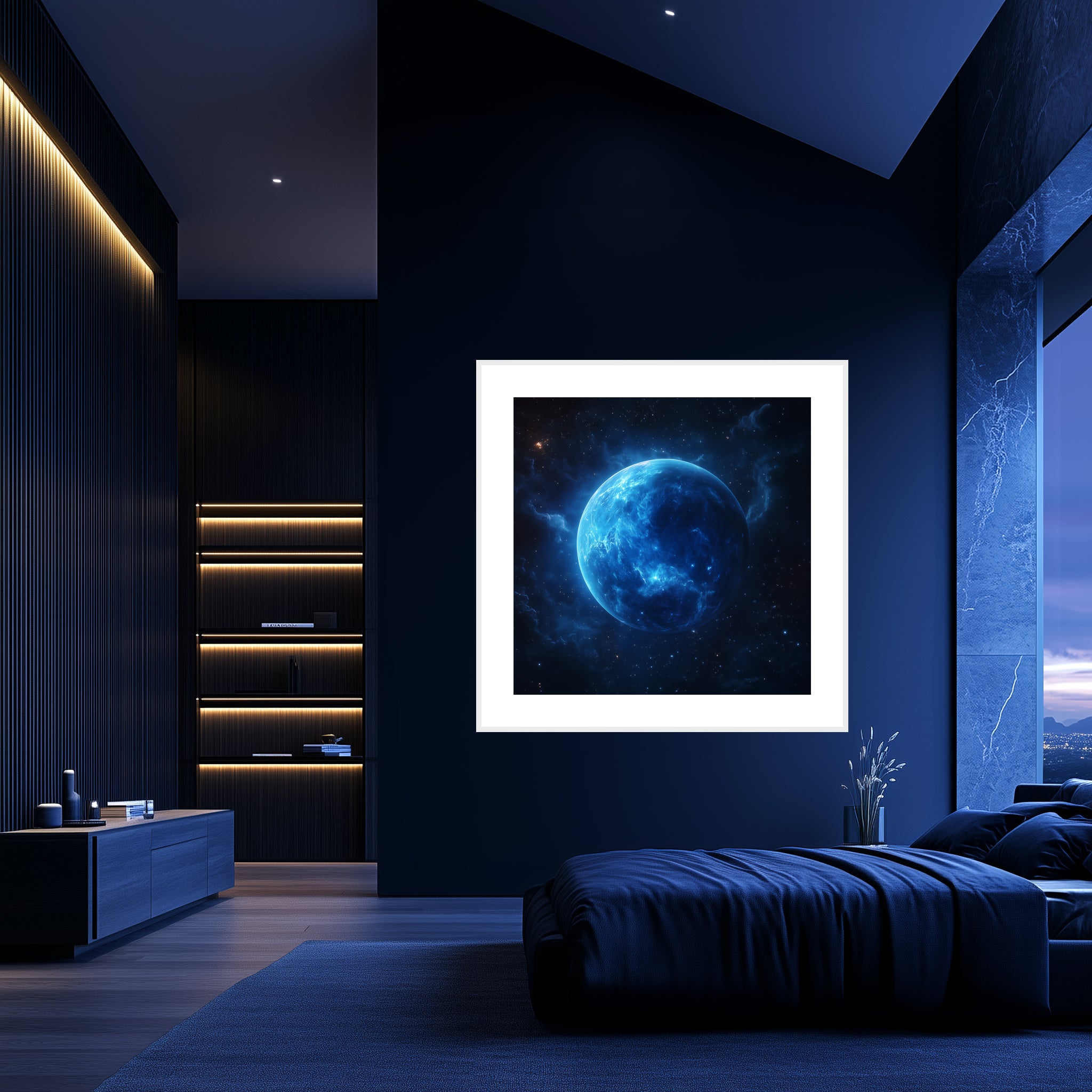 Mockup of Majestic planetary landscape with blue tones and a sense of infinite space.