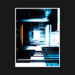 A complex digital art design featuring structured grids and sharp angles, evoking the energy and motion of technological architecture.