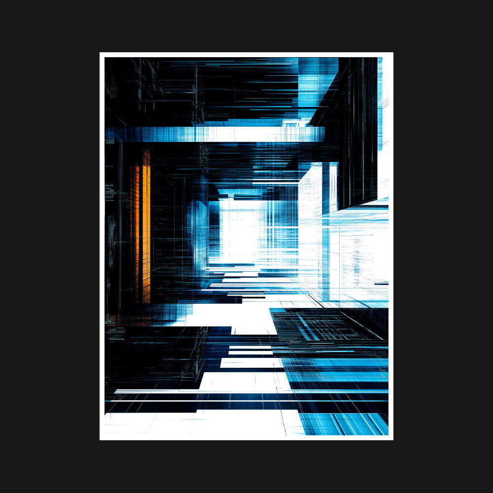 A complex digital art design featuring structured grids and sharp angles, evoking the energy and motion of technological architecture.
