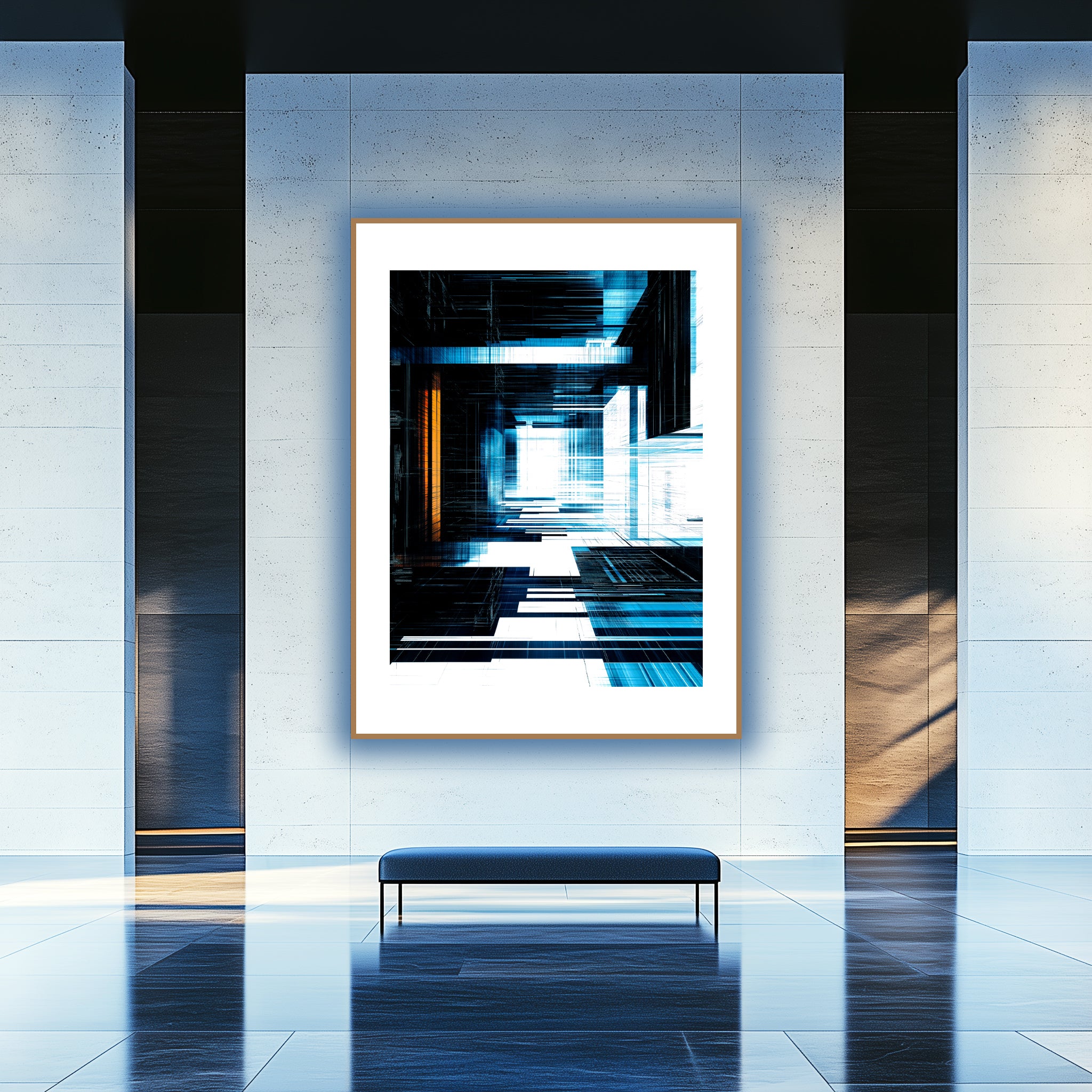 Mockup of a complex digital art design featuring structured grids and sharp angles, evoking the energy and motion of technological architecture.