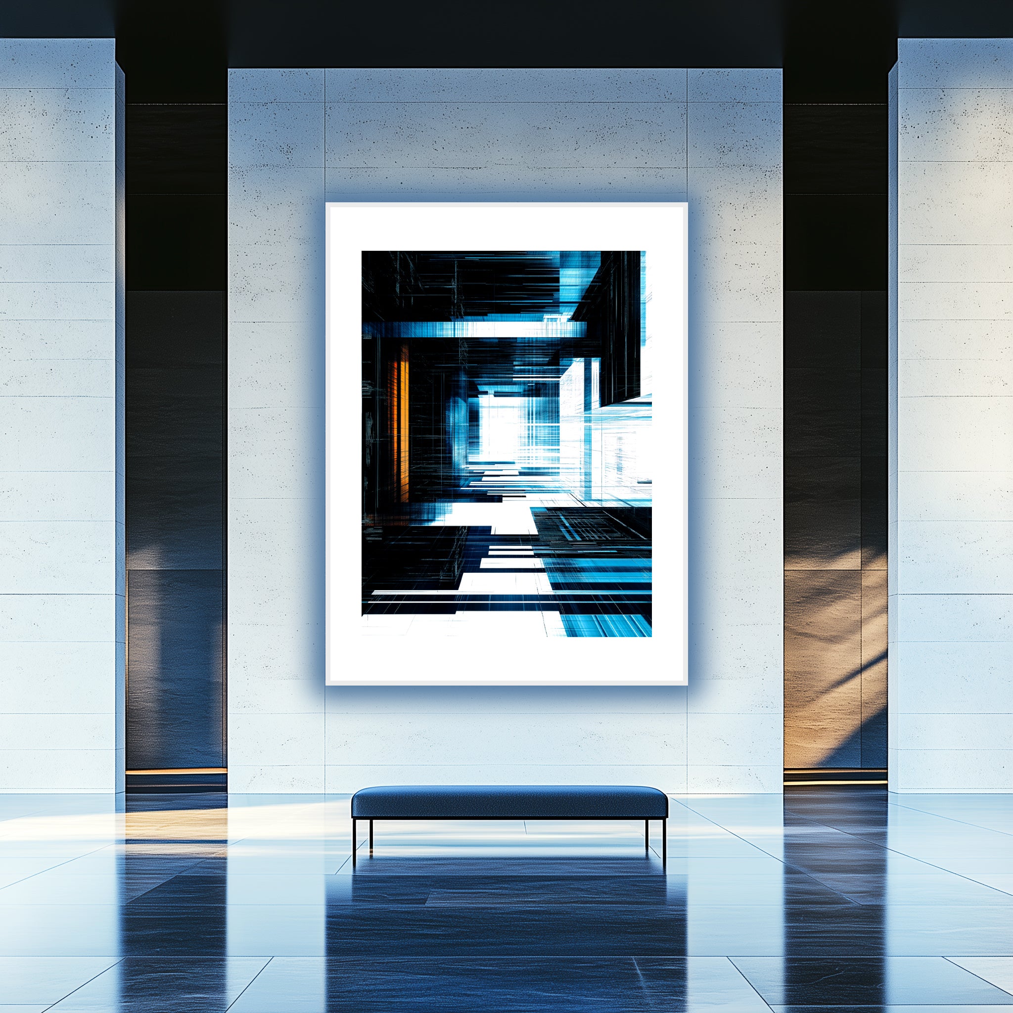 Mockup of a complex digital art design featuring structured grids and sharp angles, evoking the energy and motion of technological architecture.