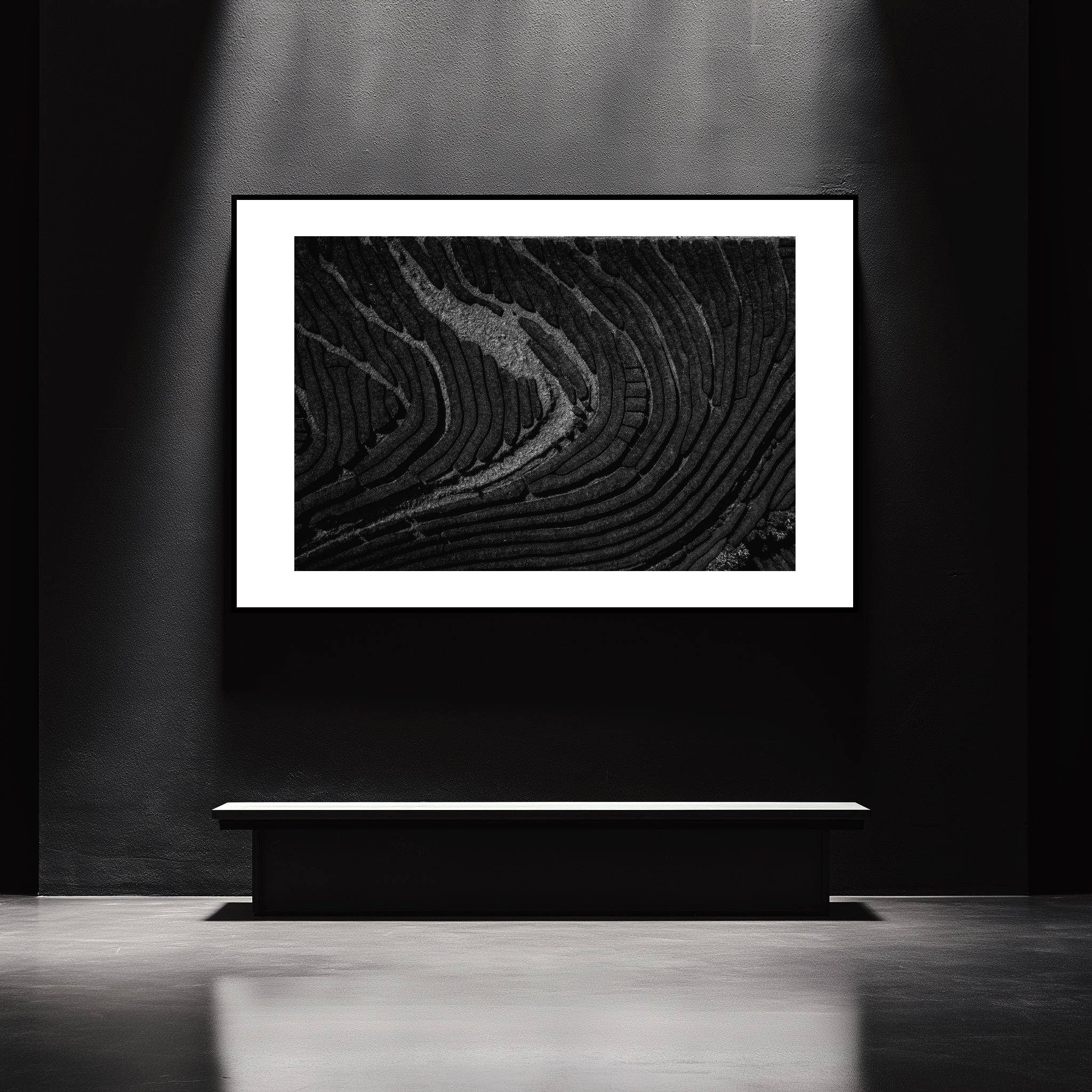 Mockup of a Black and white photo of undulating lines across a tea plantation, capturing the texture and harmony of the landscape, with light and shadow reflecting the tradition of cultivation.