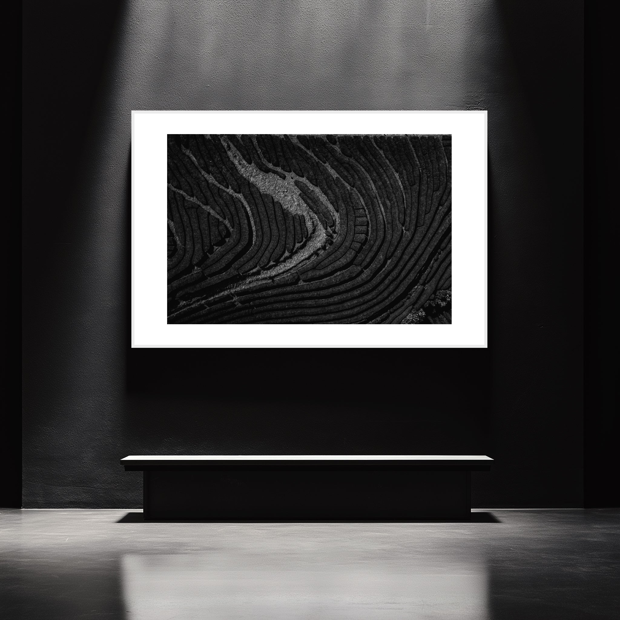 Mockup of a Black and white photo of undulating lines across a tea plantation, capturing the texture and harmony of the landscape, with light and shadow reflecting the tradition of cultivation.