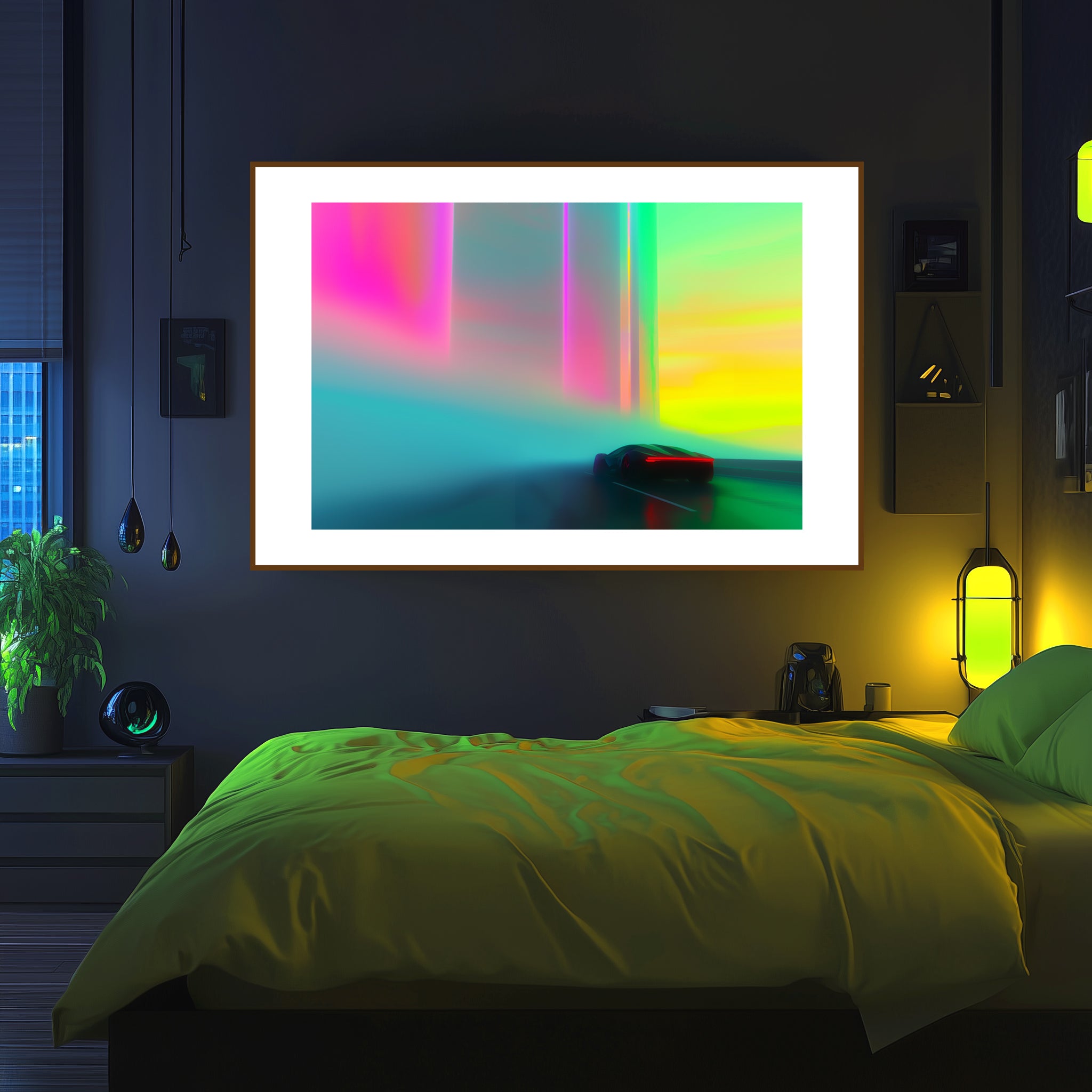 Mockup of a Car gliding through a vibrant haze of neon colors on a road that blurs the line between dream and reality, symbolizing a serene journey into the unknown, filled with potential and optimism.