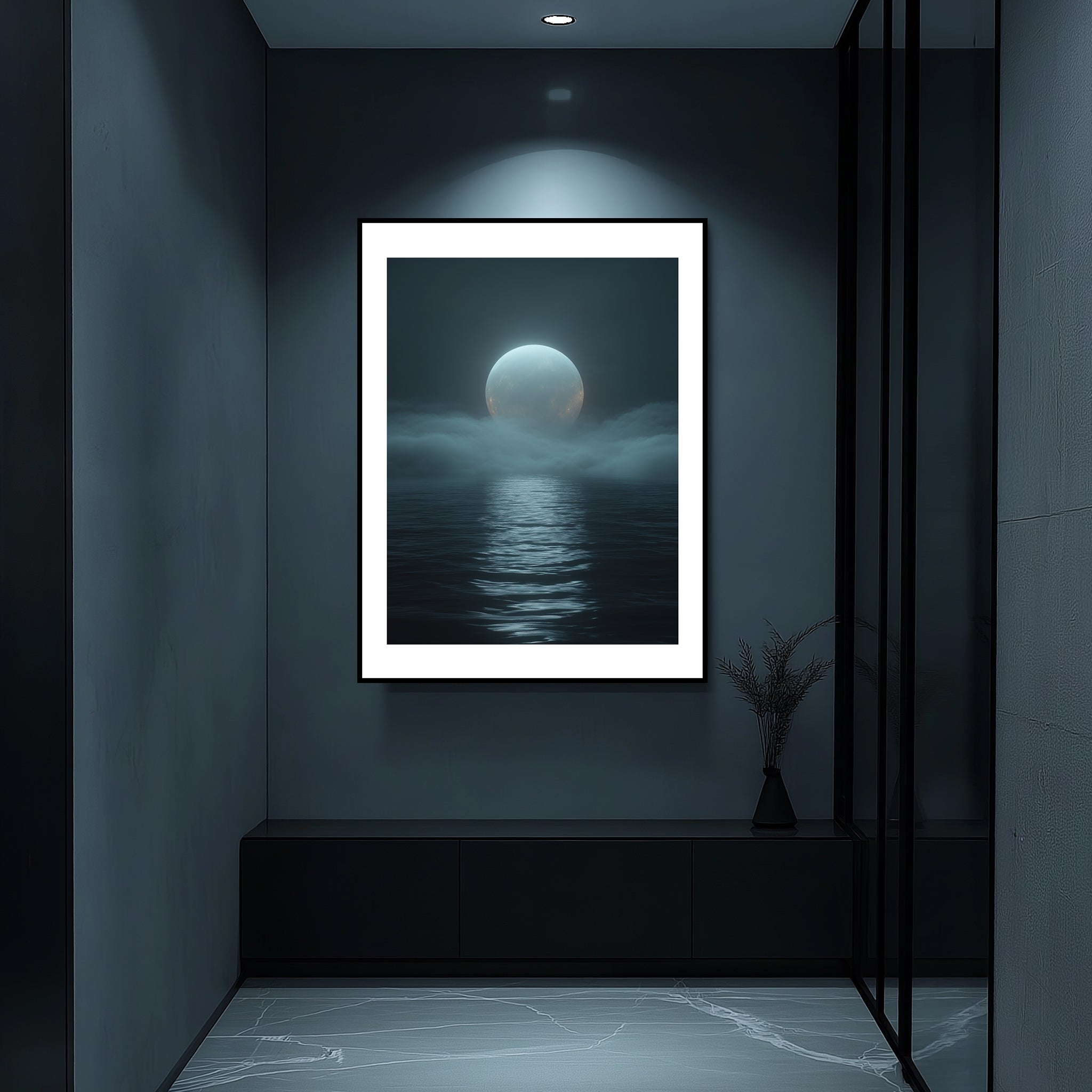 Mockup of a Glowing distant moon surrounded by swirling mist, capturing a cosmic journey through a dark, mysterious void.