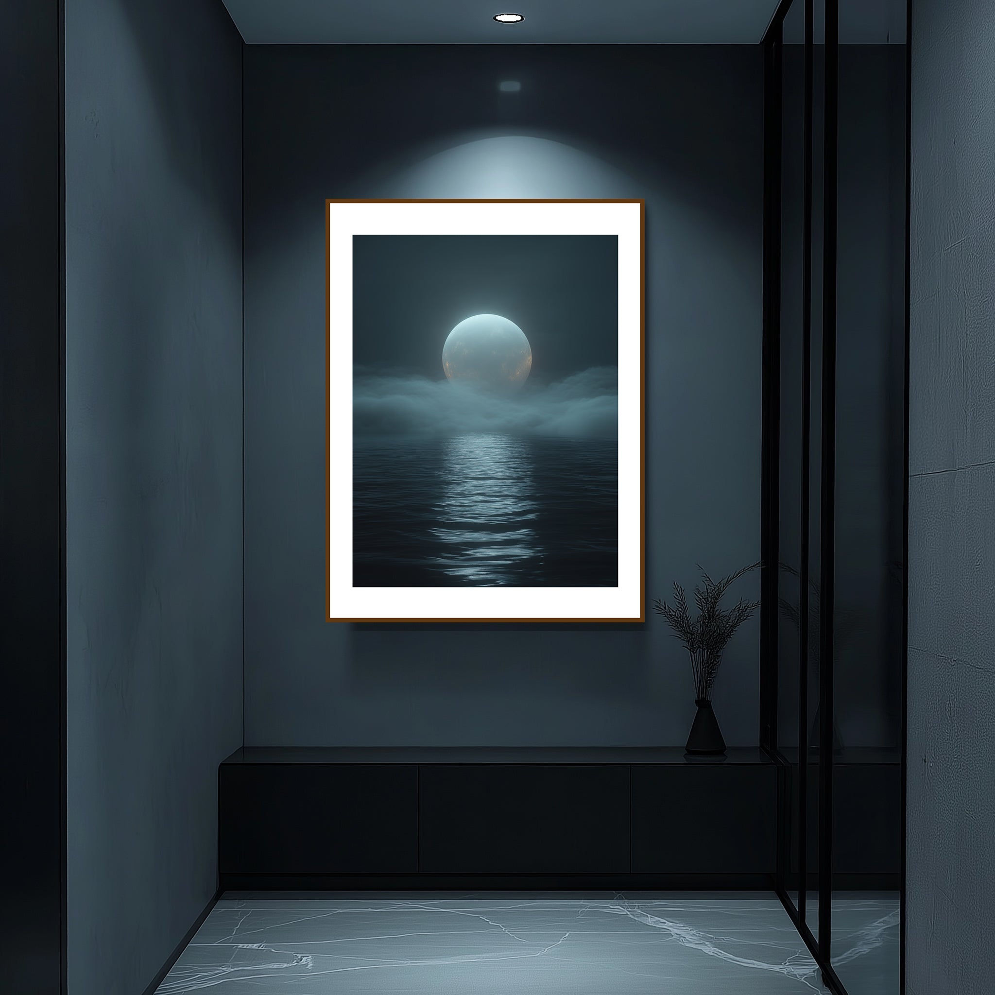 Mockup of a Glowing distant moon surrounded by swirling mist, capturing a cosmic journey through a dark, mysterious void.