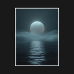 Glowing distant moon surrounded by swirling mist, capturing a cosmic journey through a dark, mysterious void.