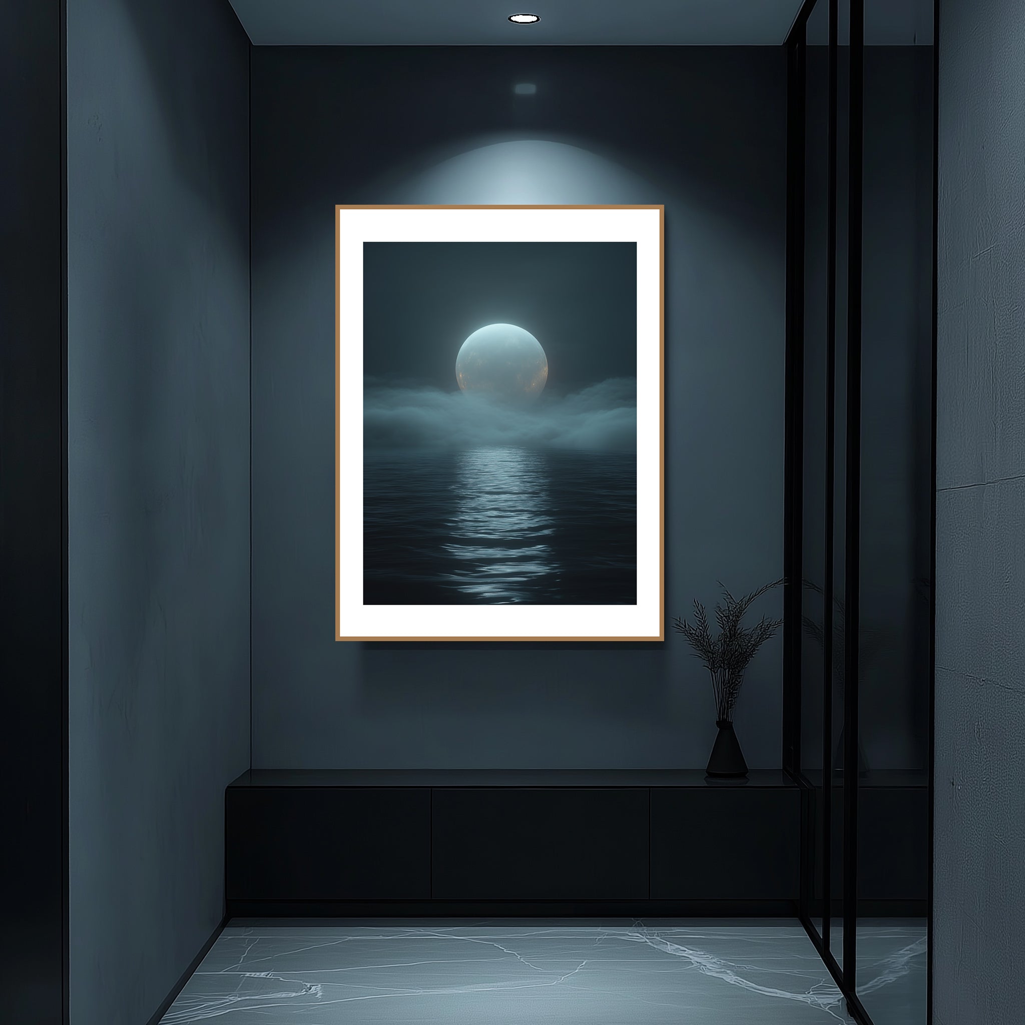 Mockup of a Glowing distant moon surrounded by swirling mist, capturing a cosmic journey through a dark, mysterious void.