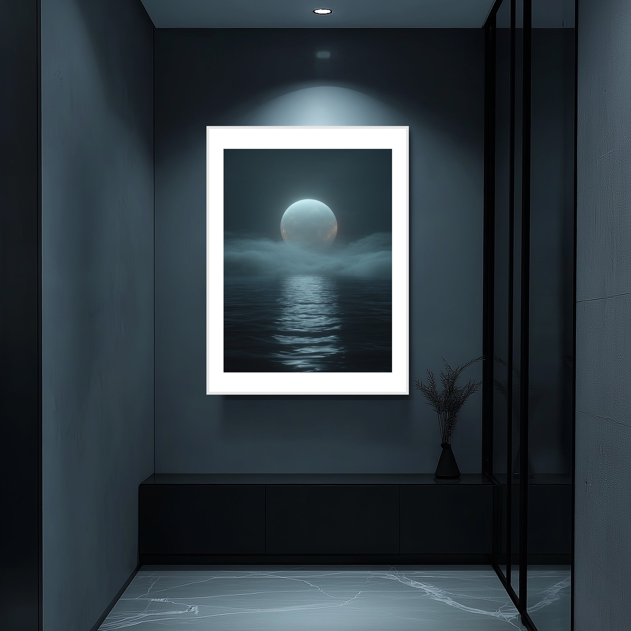 Mockup of a Glowing distant moon surrounded by swirling mist, capturing a cosmic journey through a dark, mysterious void.
