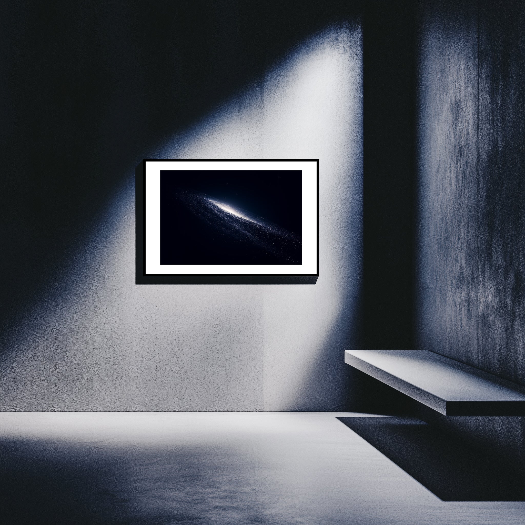 Mockup of a Minimalist depiction of a quasar in the black cosmos, emitting a faint glow amidst distant stars, symbolizing the silent power and serene beauty of this celestial phenomenon.