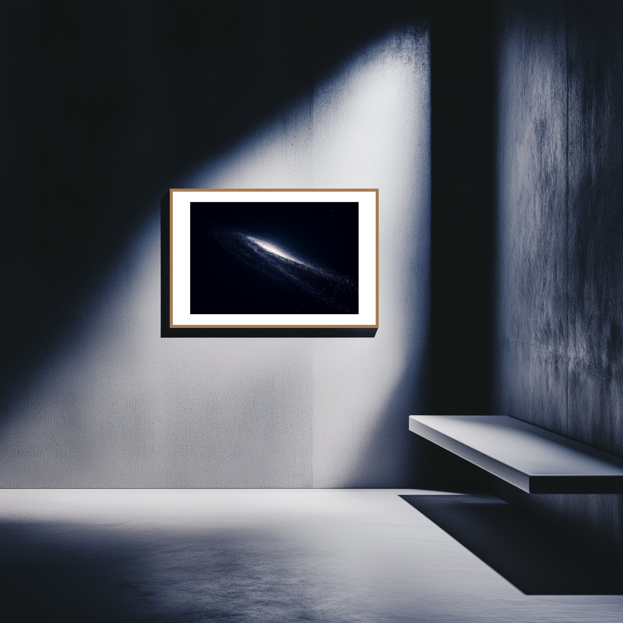 Mockup of a Minimalist depiction of a quasar in the black cosmos, emitting a faint glow amidst distant stars, symbolizing the silent power and serene beauty of this celestial phenomenon.