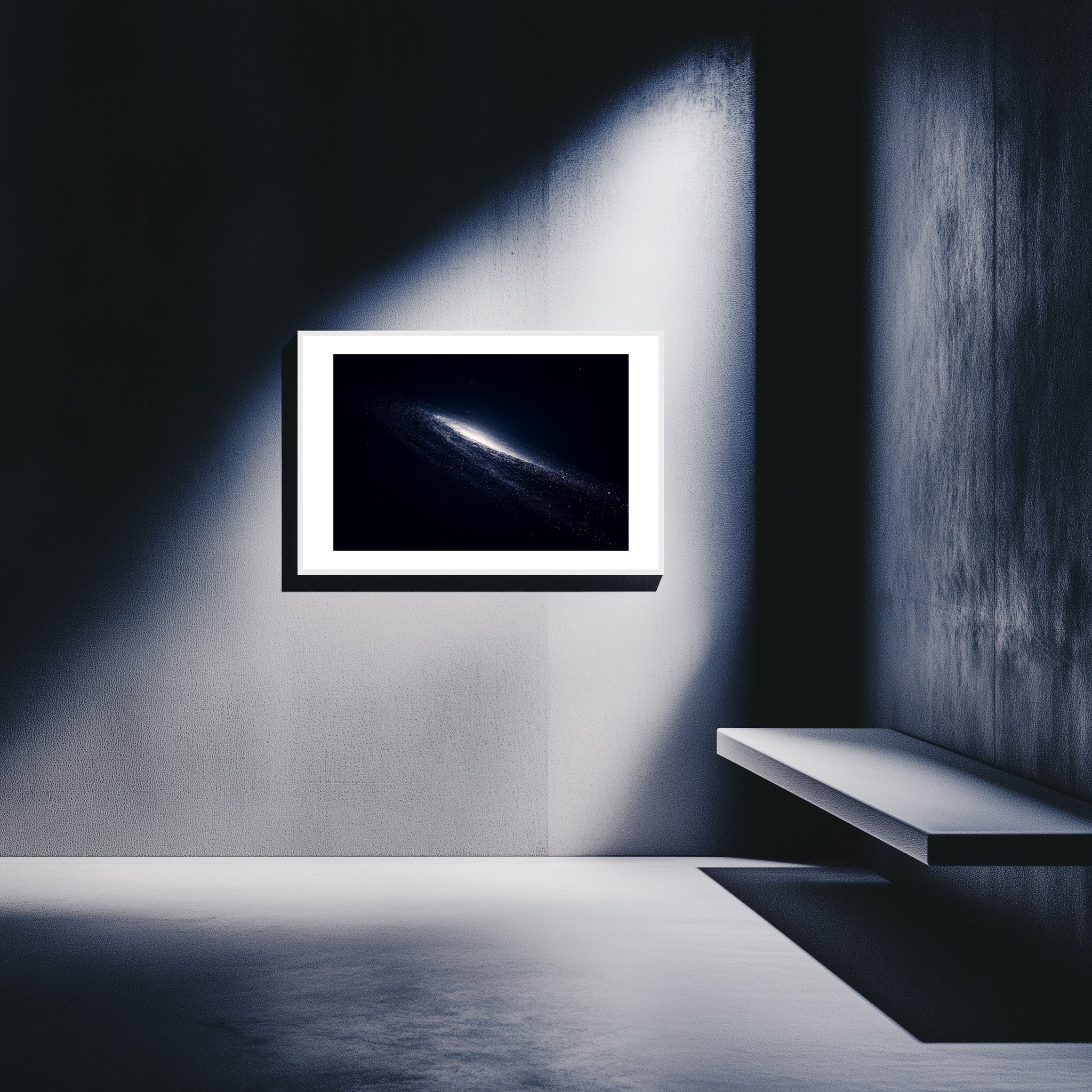 Mockup of a Minimalist depiction of a quasar in the black cosmos, emitting a faint glow amidst distant stars, symbolizing the silent power and serene beauty of this celestial phenomenon.