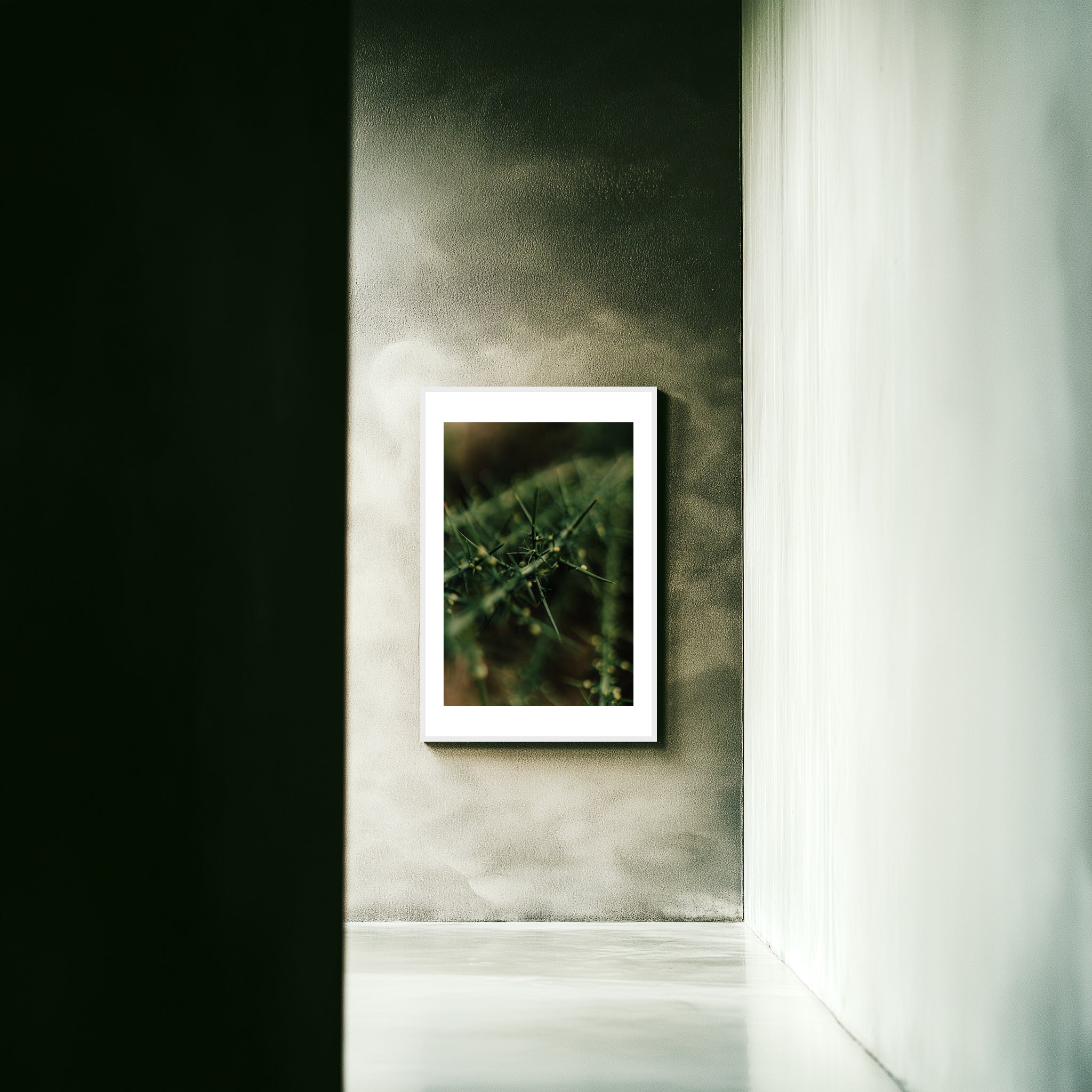 Mockup of slender green thorns pierce through a still wilderness, balancing fragile beauty and quiet menace in a scene of natural resilience.